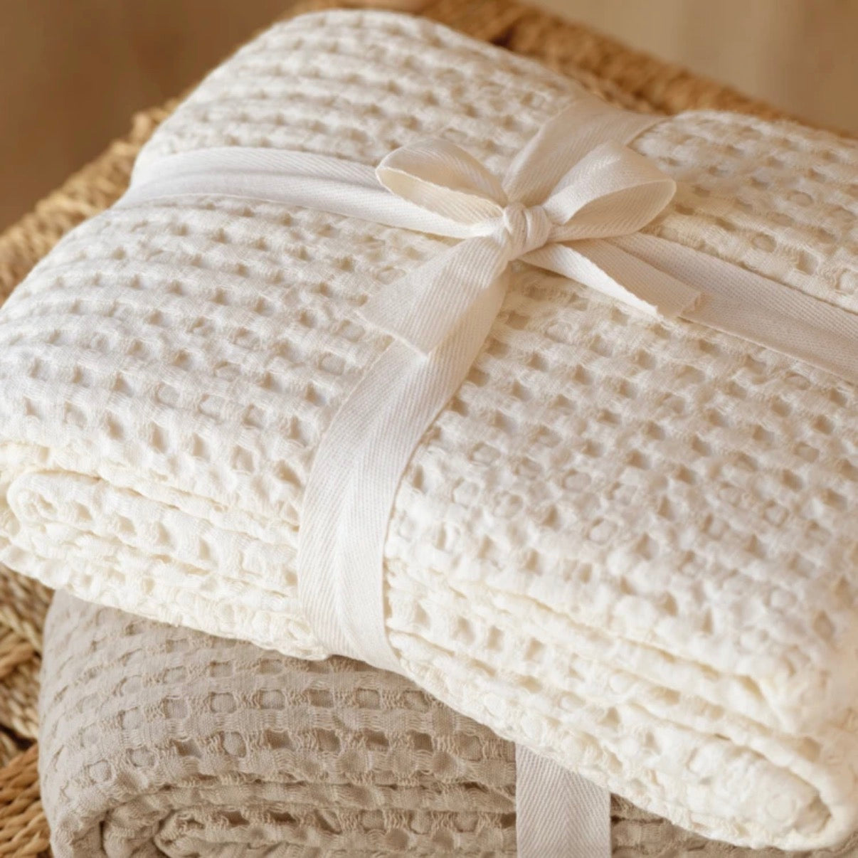 Jeté de lit coton gaufré Écru