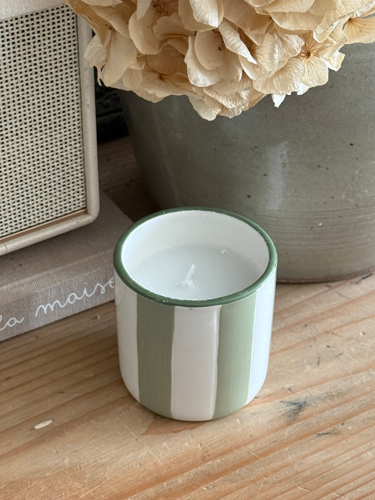 Bougie contenant rayé vert