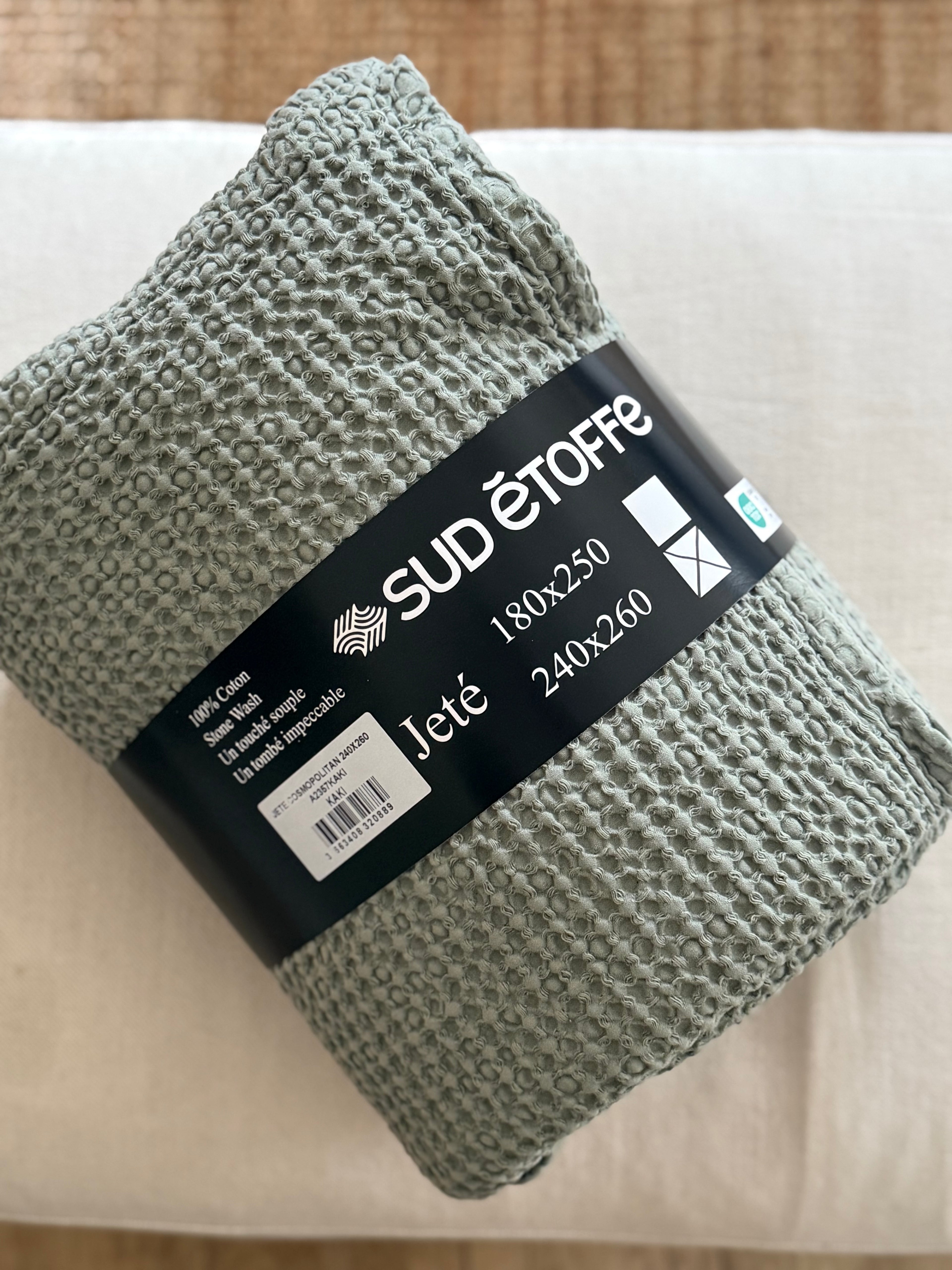 Jeté de lit coton gaufré vert kaki