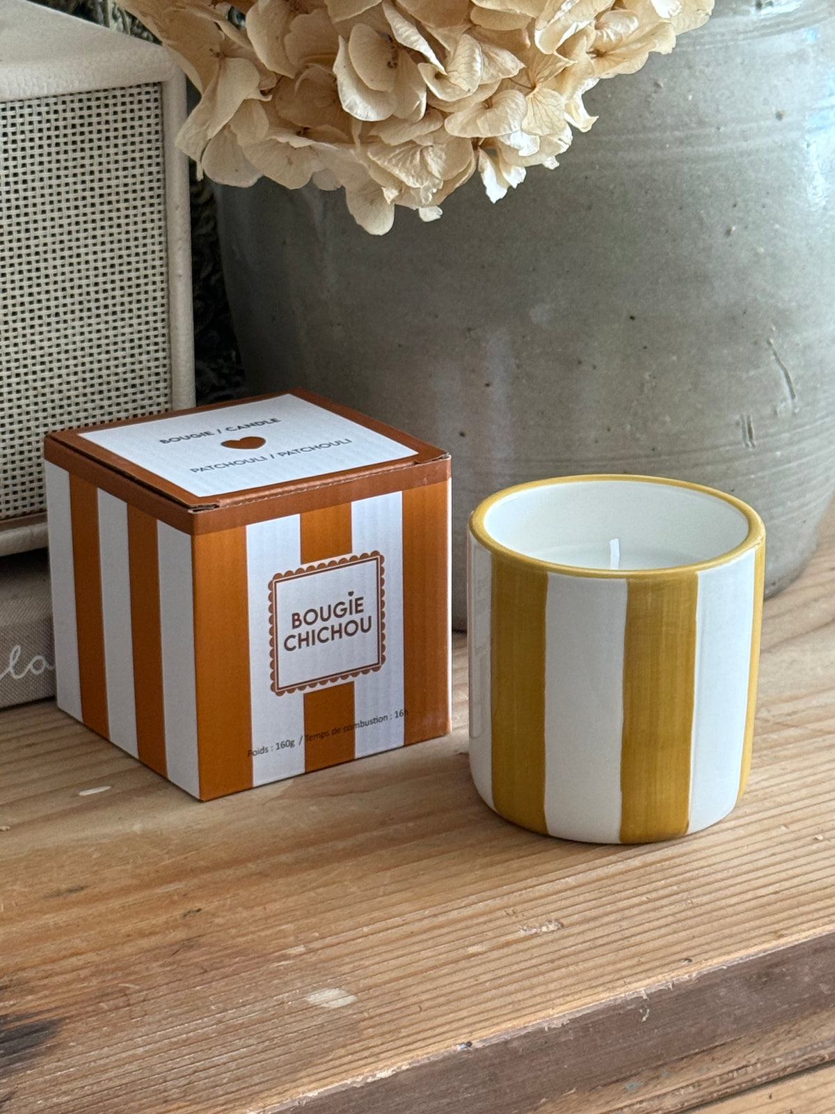 Bougie contenant rayé jaune safran