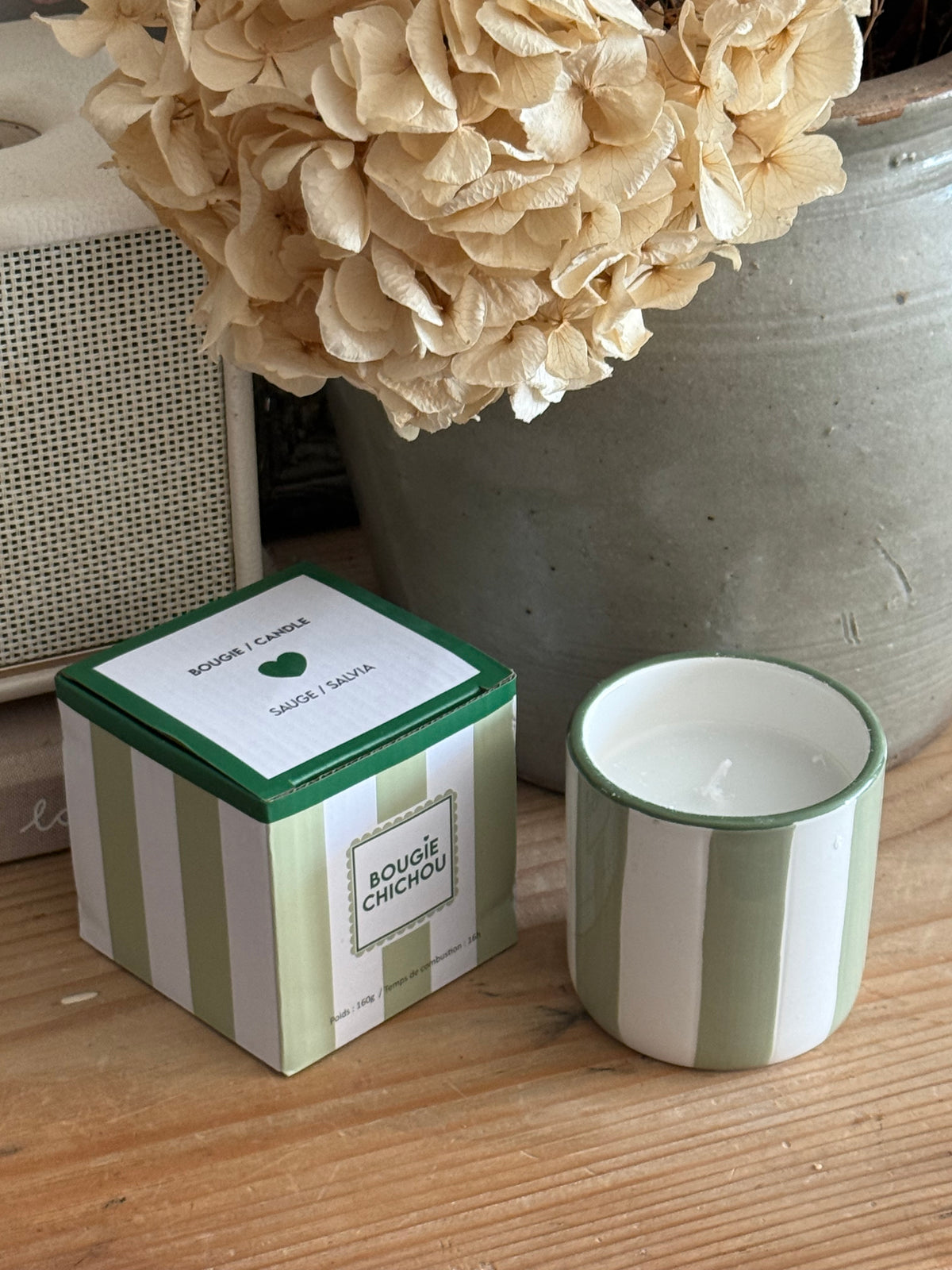 Bougie contenant rayé vert